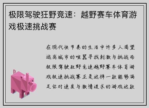 极限驾驶狂野竞速：越野赛车体育游戏极速挑战赛